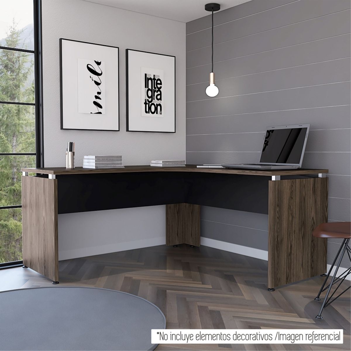 TUHOME - Escritorio En L-160 Home Office Negro Y Coñac