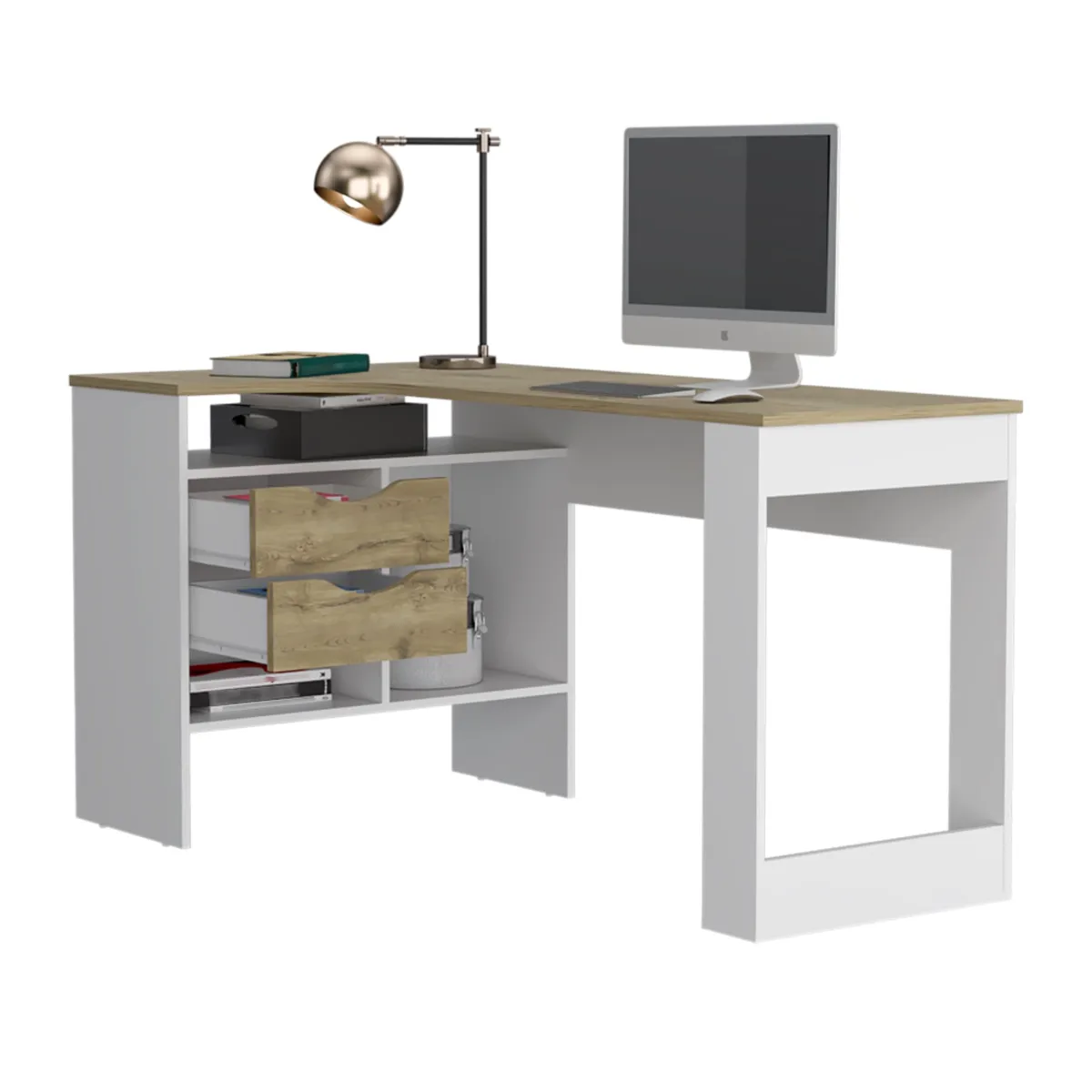 TUHOME - Escritorio En L 2 Cajones Noah Macadamia Y Blanco