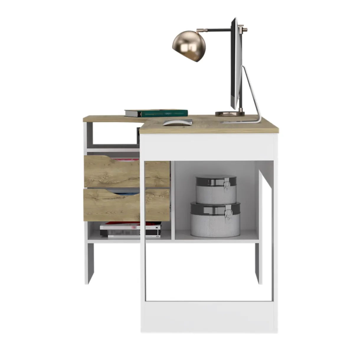 TUHOME - Escritorio En L 2 Cajones Noah Macadamia Y Blanco