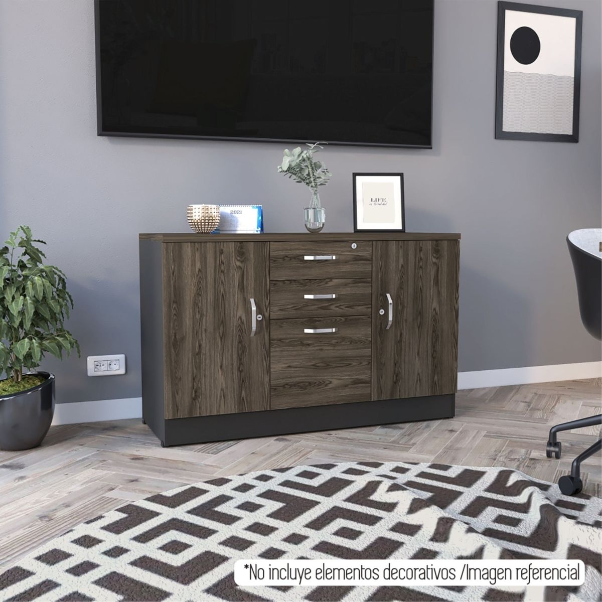 TUHOME - Buffet 3 Puertas 2 Cajones Home Office Negro Y Coñac