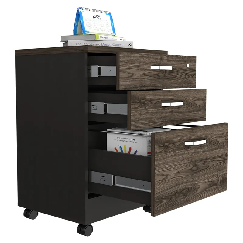 TUHOME - Cajonera Home Office 3 Cajones Con Ruedas Negro Y Coñac