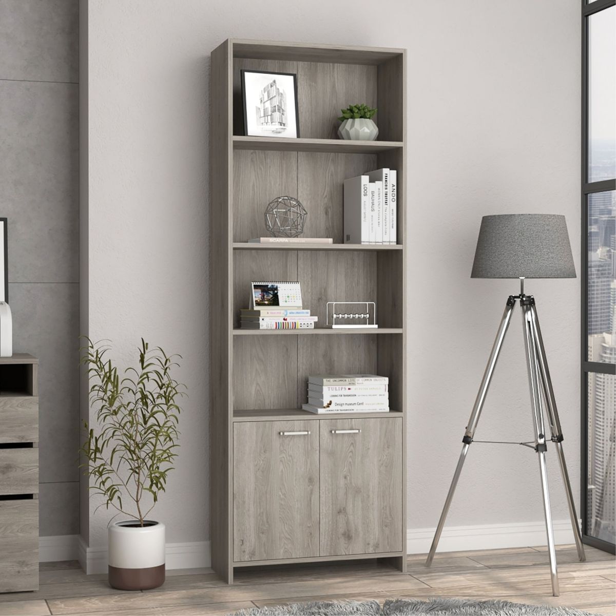 TUHOME - Biblioteca Lisa 180X63X26 Cm 2 Con Puertas Ceniza