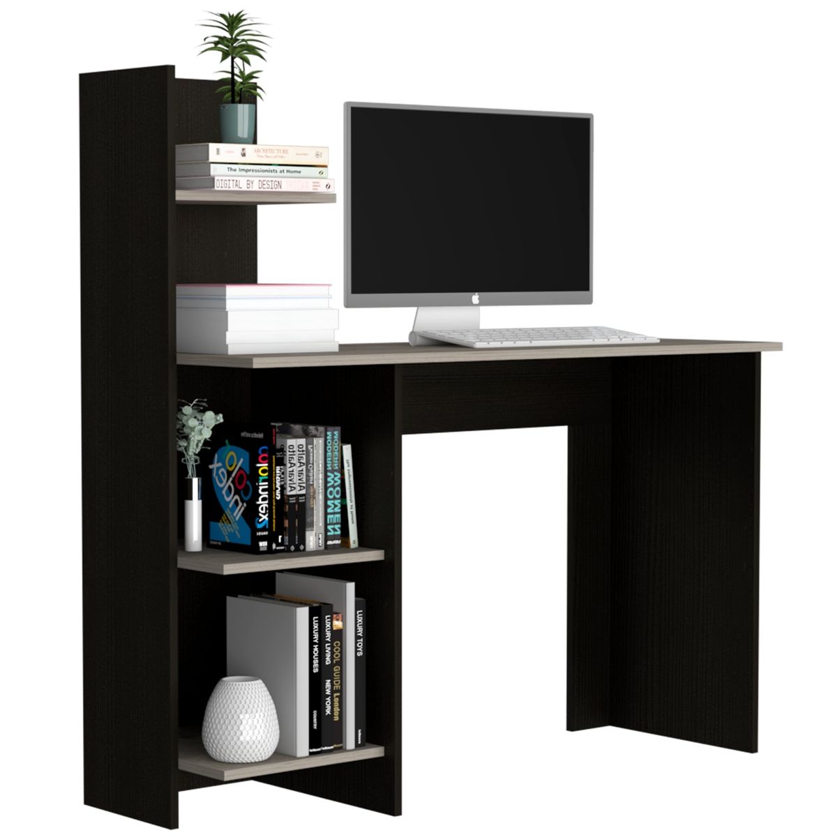 TUHOME - Escritorio Con Biblioteca Office Wengue Y Ceniza 120X120X45 Cm