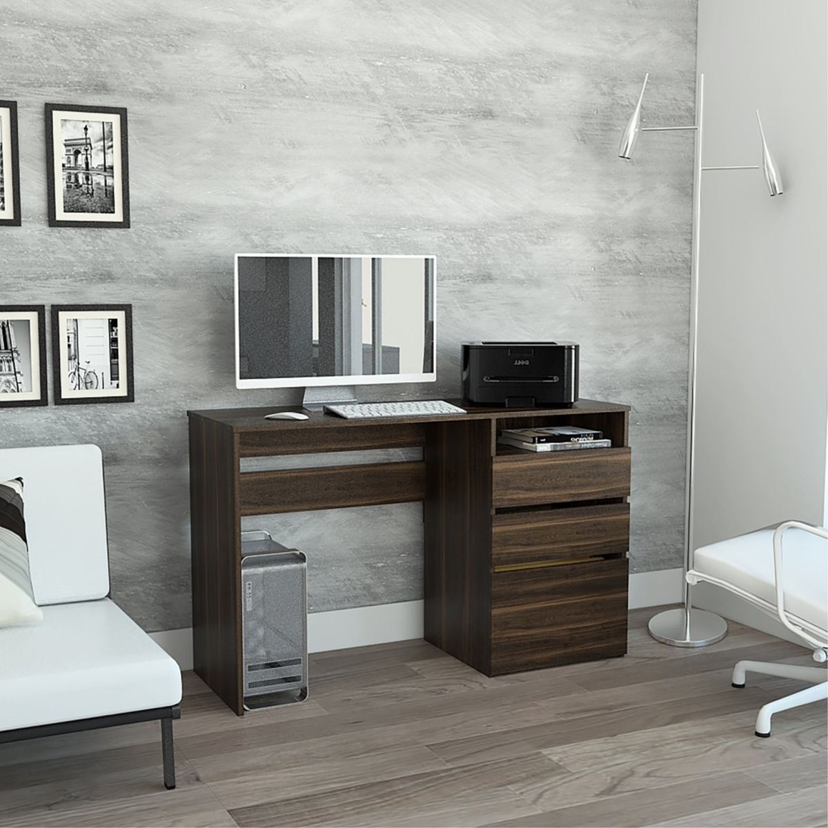 TUHOME - Escritorio Recto 3 Cajones Office W-120 Café Oscuro