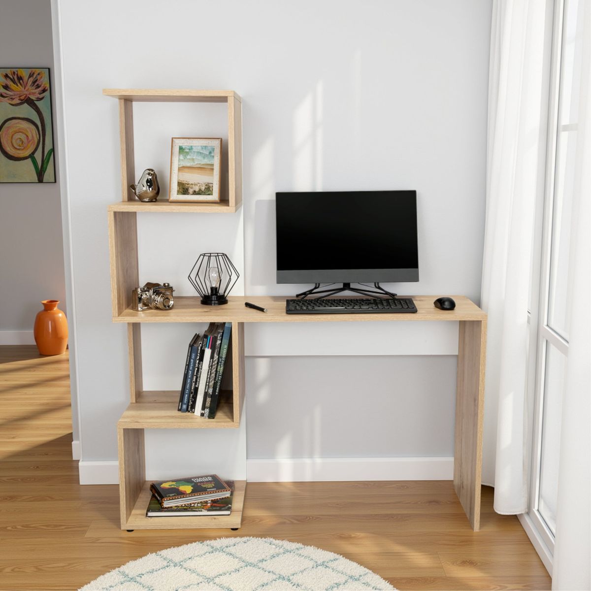 TUHOME - Escritorio Con Bibloteca Danis 142.6X120X41.8 Cm Duna Y Blanco