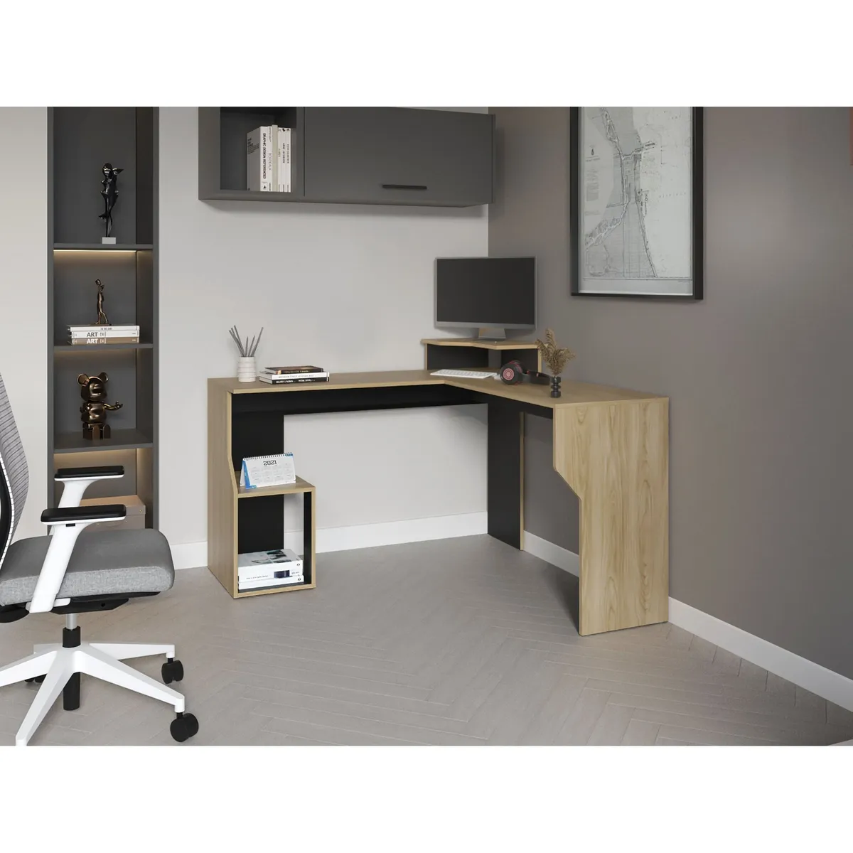TUHOME - Escritorio En L Juanita Fresno Y Wengue 90.6X130X130 Cm