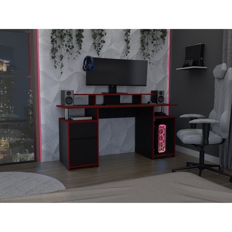 Escritorio Gamer 1 Cajon 1 Puerta Keria Wengue Y Rojo