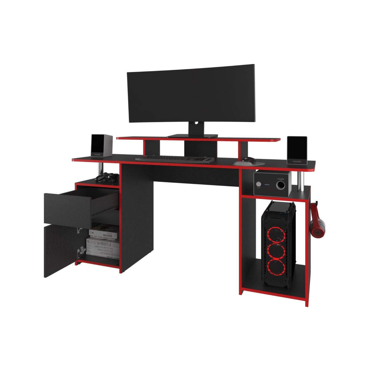 TUHOME - Escritorio Gamer 1 Cajon 1 Puerta Keria Wengue Y Rojo