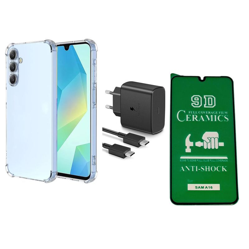GENERICO - FUNDA PARA GALAXY A16 + PROTECTOR PANTALLA + CARGADOR 45W PACK X3