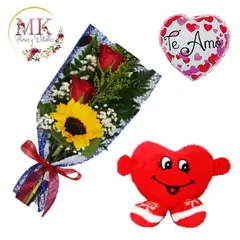 GENERICO - Ramo de 2 Rosas y 1 Girasol Peluche Corazón y Globo