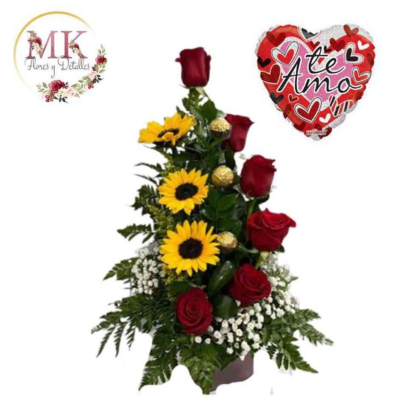 GENERICO - Arreglo de 6 Rosas 3 Girasoles y 3 Bombones y Globo