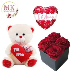 GENERICO - Box Cuadrado 4 Rosas Peluche Oso 28cm y Globo