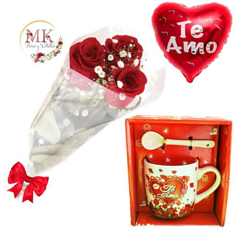 GENERICO - Ramo de 3 Rosas Taza Te Amo y Globo