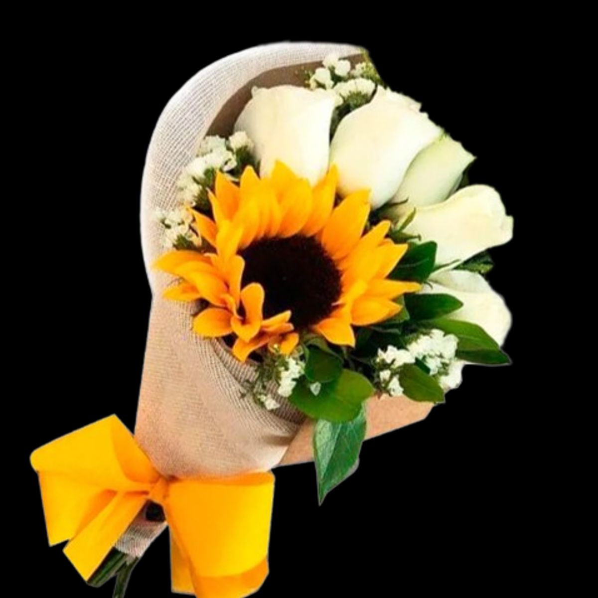 GENERICO - Ramo de 5 Rosas Blancas y 1 Girasol
