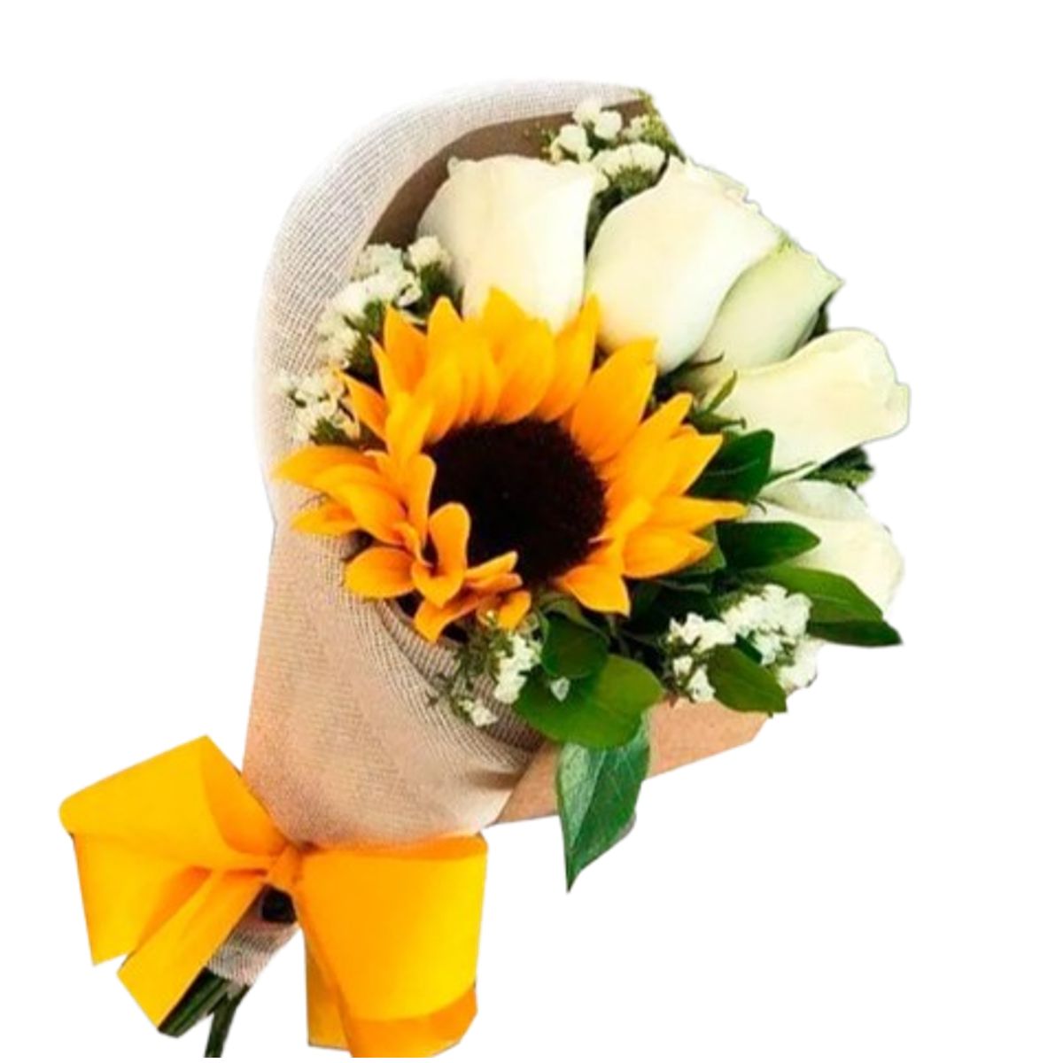 GENERICO - Ramo de 5 Rosas Blancas y 1 Girasol