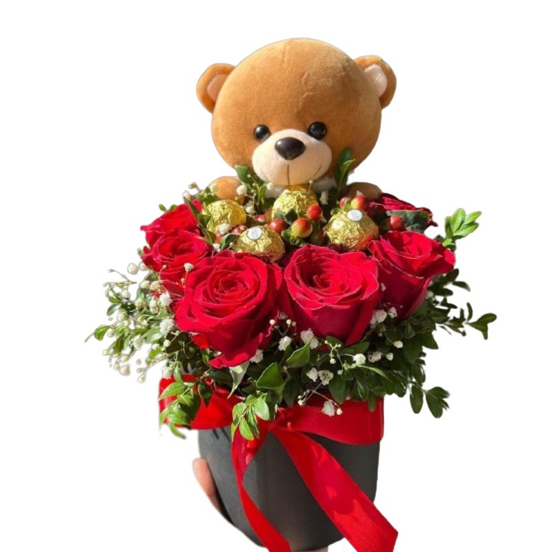 GENERICO - Box de 6 Rosas 4 Bombones y Peluchito de 18cm