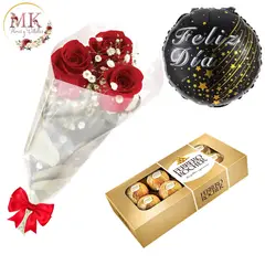 GENERICO - Ramo de 3 Rosas Bombones Ferrero Rocher 100grs y Globo