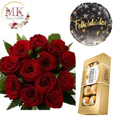 GENERICO - Ramo de 12 Rosas Bombones Ferrero Rocher 100grs y Globo