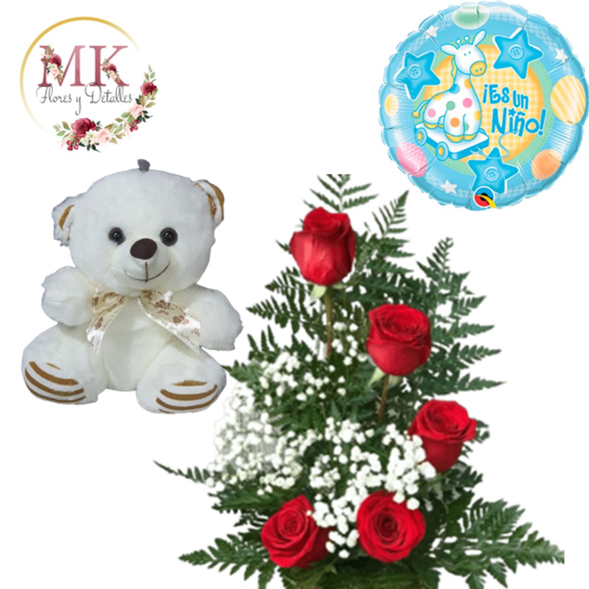 GENERICO - Base de 5 Rosas Peluche 20cm y Globo de Nacimiento