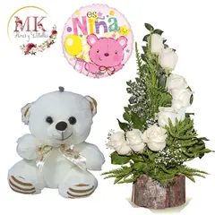 GENERICO - Espiral de 10 Rosas Peluche 20cm y Globo de Nacimiento