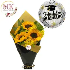 GENERICO - Ramo de 4 Girasoles y follaje con Globo