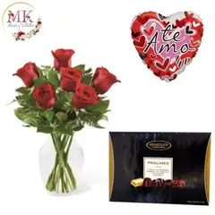 GENERICO - Florero de 6 Rosas Bombones Surtidos y Globo