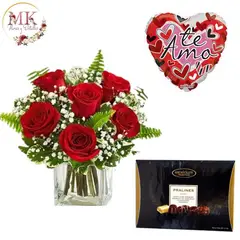 GENERICO - Cubo de 6 Rosas y follaje Bombones Surtidos y Globo