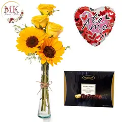 GENERICO - Florero de 3 Rosas 2 Girasoles Bombones Surtidos y Globo