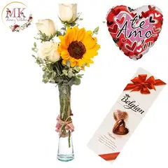 GENERICO - Florero 3 Rosas y un Girasol Bombones Belgian y Globo