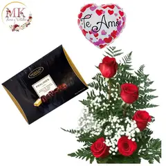GENERICO - Arreglo de 5 Rosas Bombones Surtidos y Globo