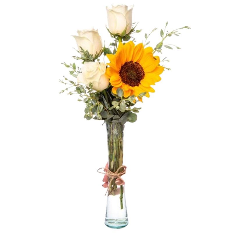 GENERICO - Florero 3 Rosas Blancas y 1 Girasol