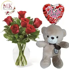 GENERICO - Florero de 6 Rosas Peluche 30cm y Globo