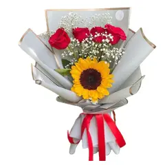 GENERICO - Ramo especial de 4 Rosas Rojas y 1 Girasol