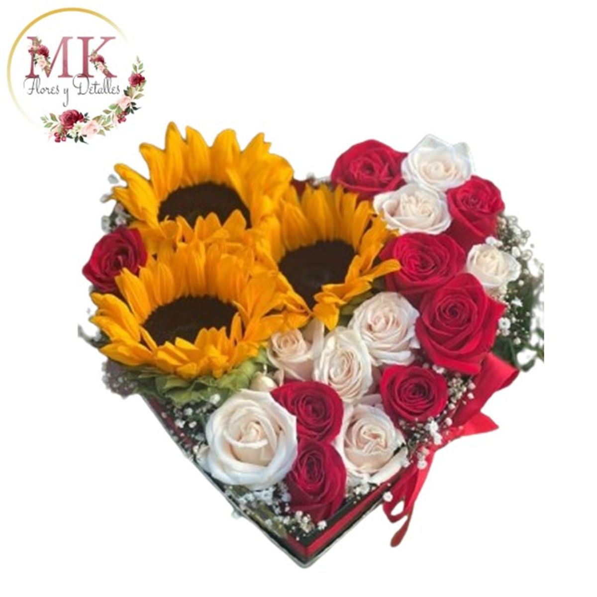GENERICO - Box Corazón de 12 Rosas Blanco Rojo y 3 Girasoles