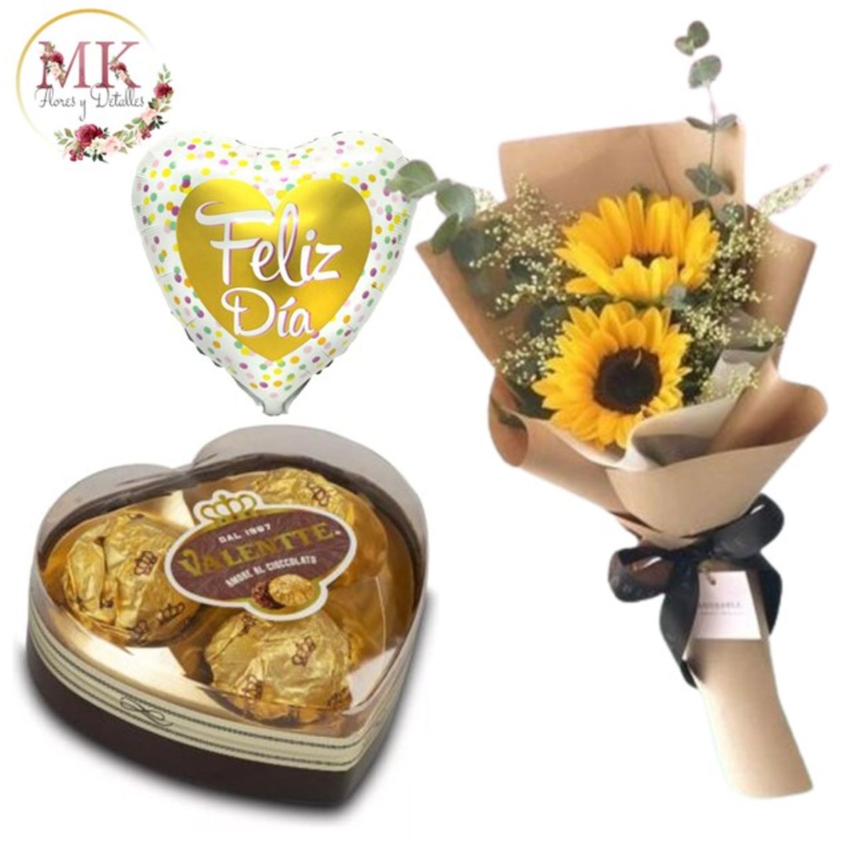 GENERICO - Bouquet de 2 Girasoles Bombones Corazón y Globo