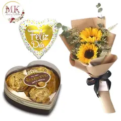 GENERICO - Bouquet de 2 Girasoles Bombones Corazón y Globo