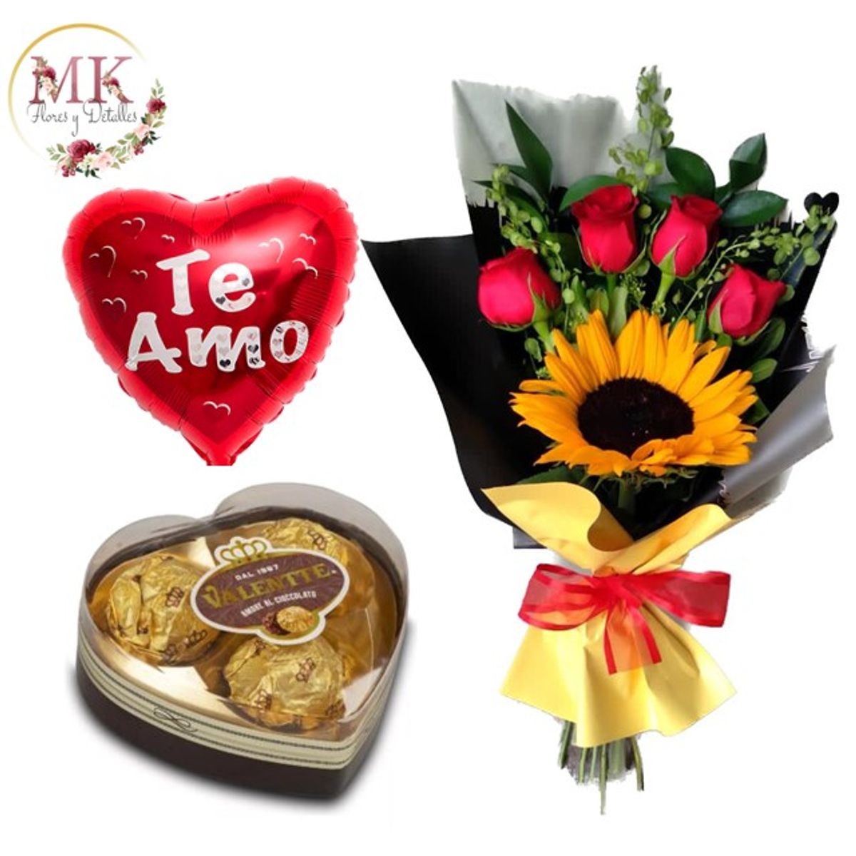GENERICO - Bouquet de 4 Rosas 1 Girasol Bombones Corazón y Globo