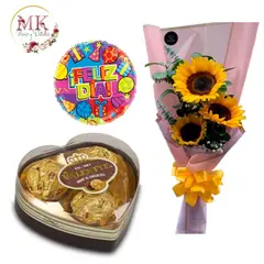 GENERICO - Ramo de 3 Girasoles Alargado Bombones Corazón y Globo