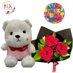 GENERICO - Ramo de 3 Rosas Peluche 20cm y Globo