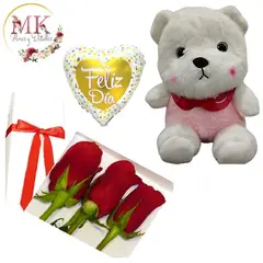 GENERICO - Caja de 3 Rosas Peluche 20cm y Globo