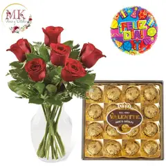 GENERICO - Florero de 6 Rosas Bombones Valente 200grs y Globo