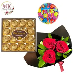GENERICO - Ramo de 3 Rosas Bombones Valente 200grs y Globo