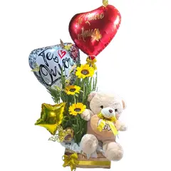 GENERICO - Base de 3 Girasoles Peluche 30cm Bombones y Globos