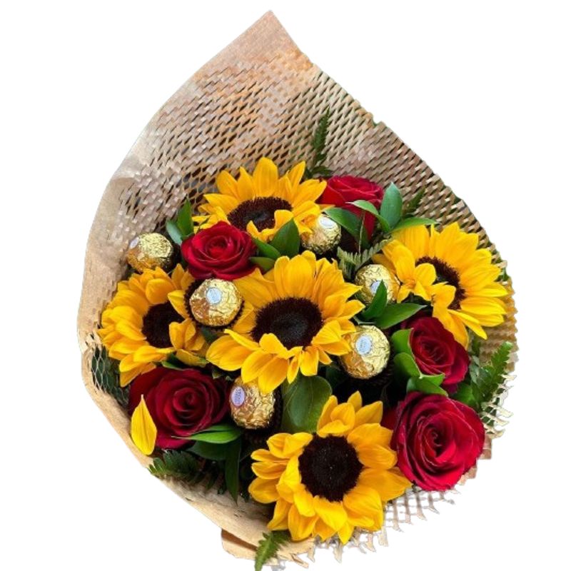 GENERICO - Ramo de 5 Rosas 5 Girasoles y 5 Bombones