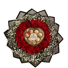 GENERICO - Bouquet de 15 Rosas y Bombones Ferrero Rocher Corazón