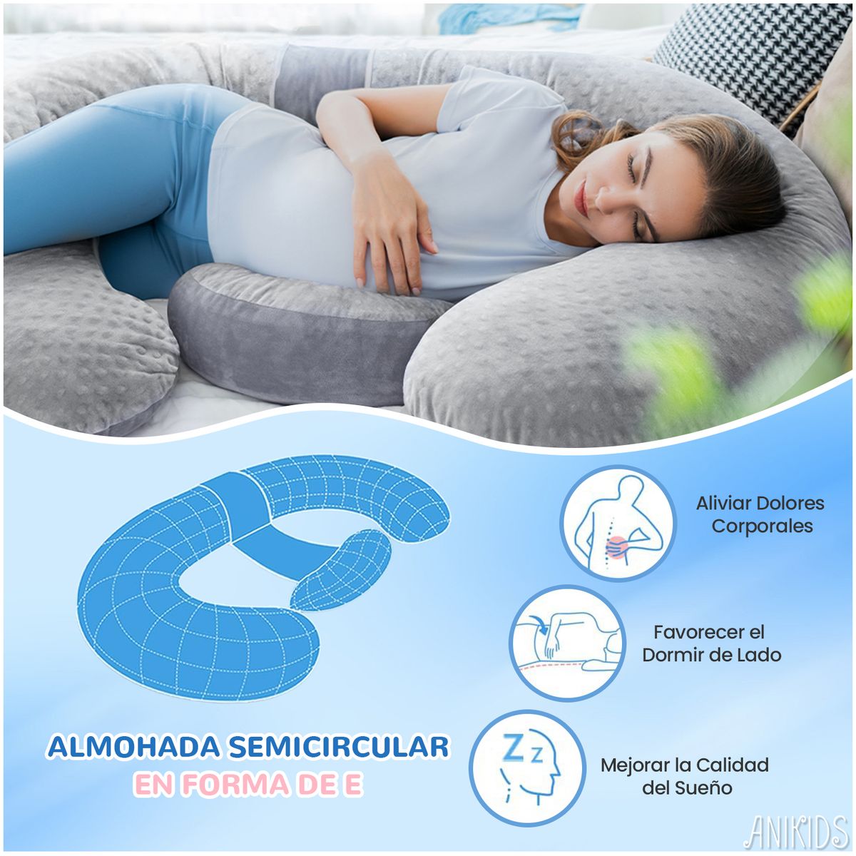 ANIKIDS - 2 En 1 Cojin Lactancia Maternal Almohada Embarazo Forma E 150x75cm