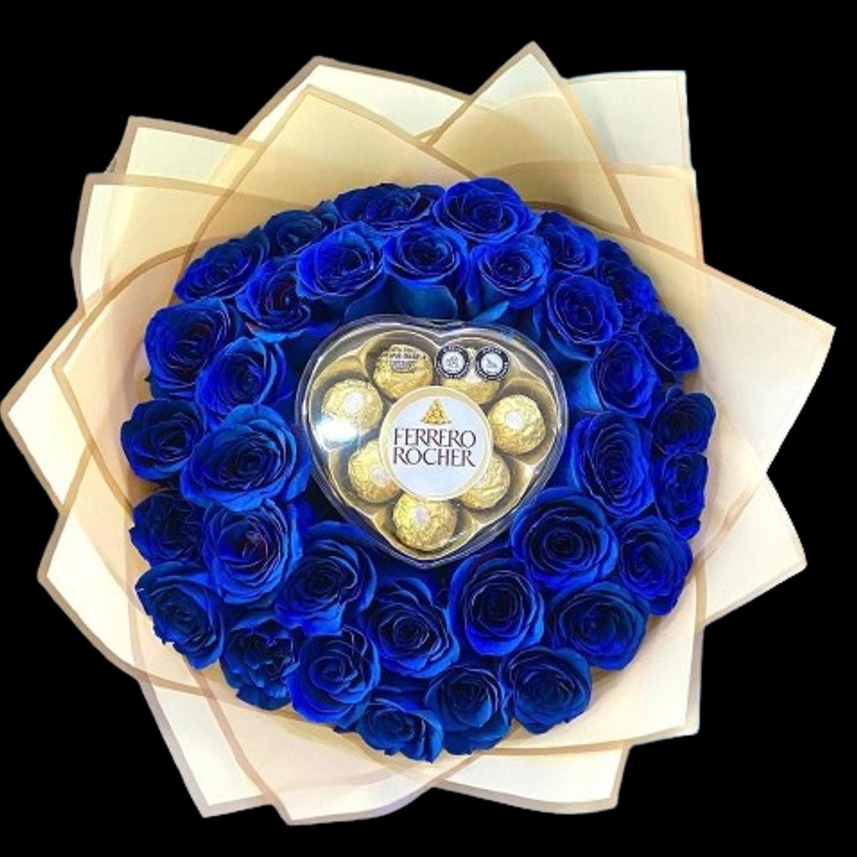 GENERICO - Ramo de 50 Rosas Azules y Bombones Corazón Ferrero Rocher 100grs