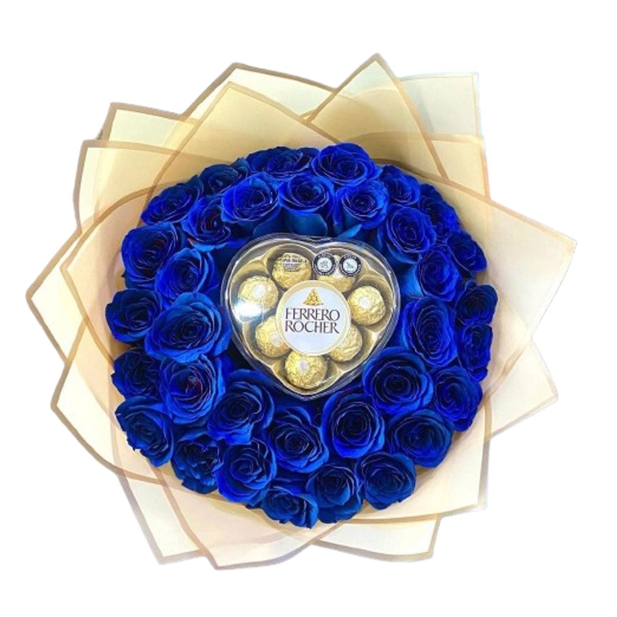 GENERICO - Ramo de 50 Rosas Azules y Bombones Corazón Ferrero Rocher 100grs