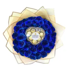 GENERICO - Ramo de 50 Rosas Azules y Bombones Corazón Ferrero Rocher 100grs