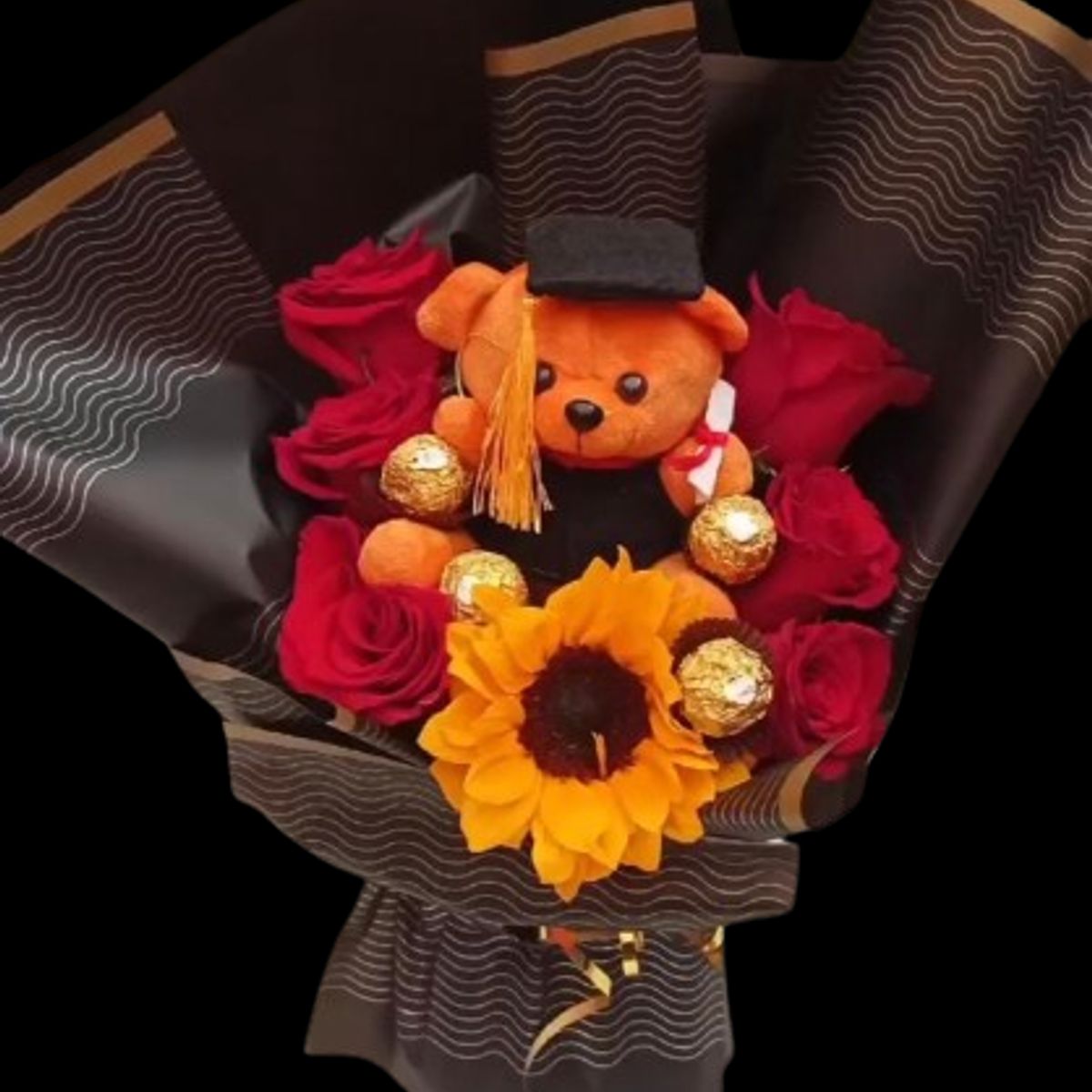 GENERICO - Bouquet de Peluchito de Graduación 6 Rosas y 1 Girasol